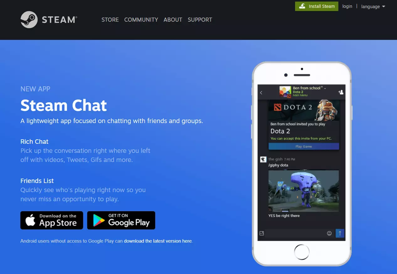 Steam store page advertising the Steam chat app