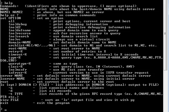 nslookup in Windows system prompt: help command