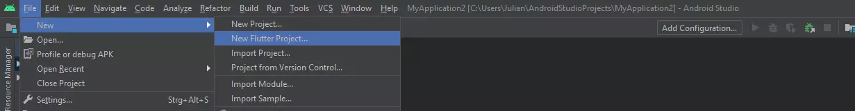 Android Studio: creating a new Flutter project