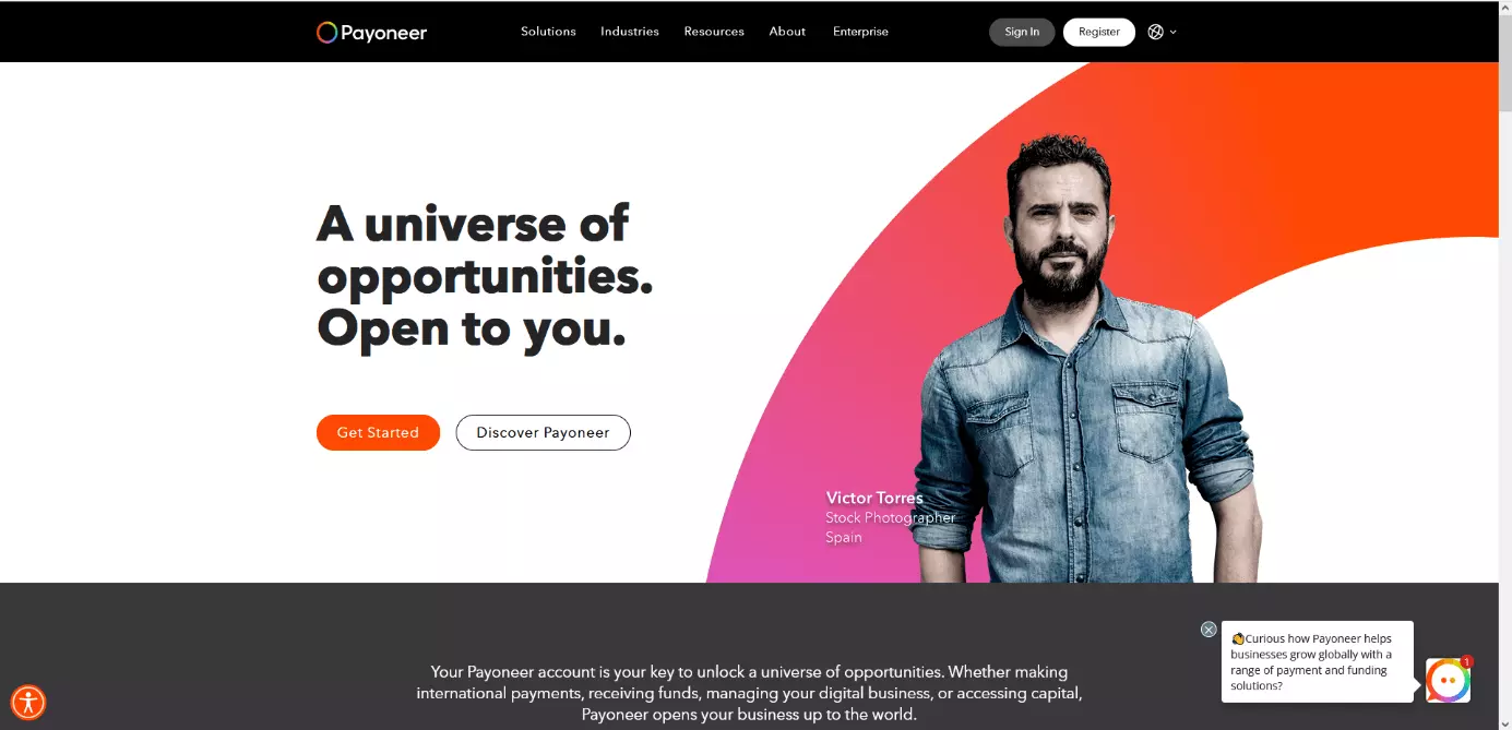 Homepage of Payoneer