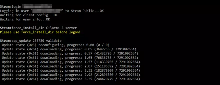 SteamCMD: Download Arma 3 server application