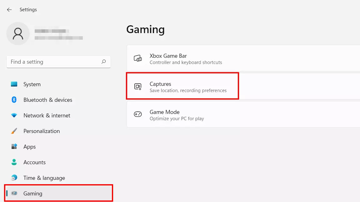 “Gaming” menu in Windows 11 settings