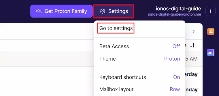 “Go to settings” in ProtonMail