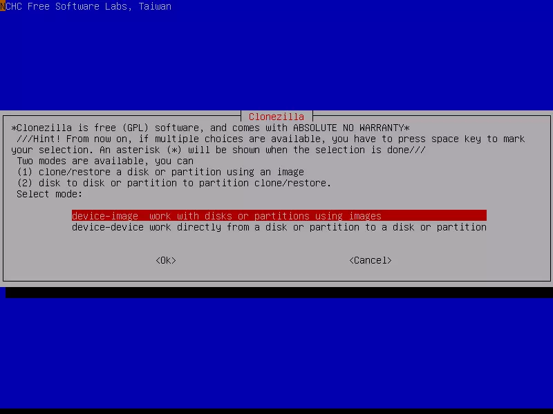 Clonezilla Live: Backup mode selection menu