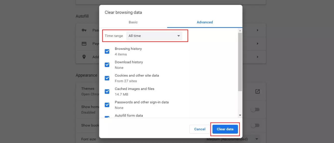 “Clear browsing data” box in Google Chrome