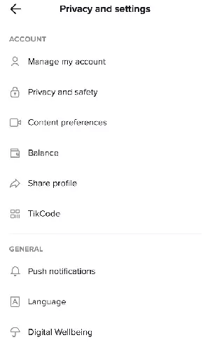 The “Privacy and settings” TikTok menu