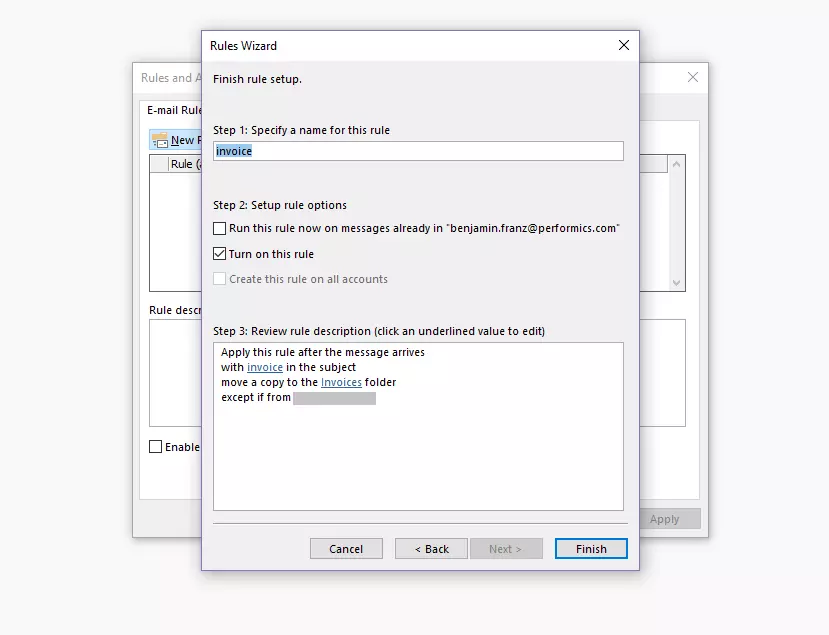 Outlook Rules Wizard: naming and rule options