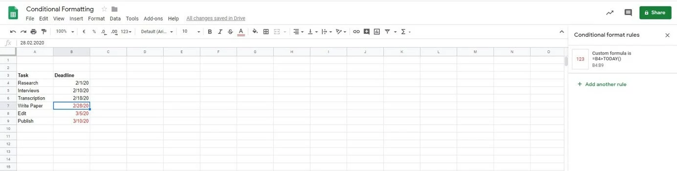 Google Sheets: Active formatting rules for the selected cell range