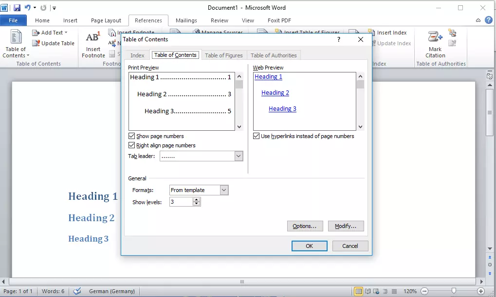 Microsoft Word 2010: Dialog box to configure a custom table of contents