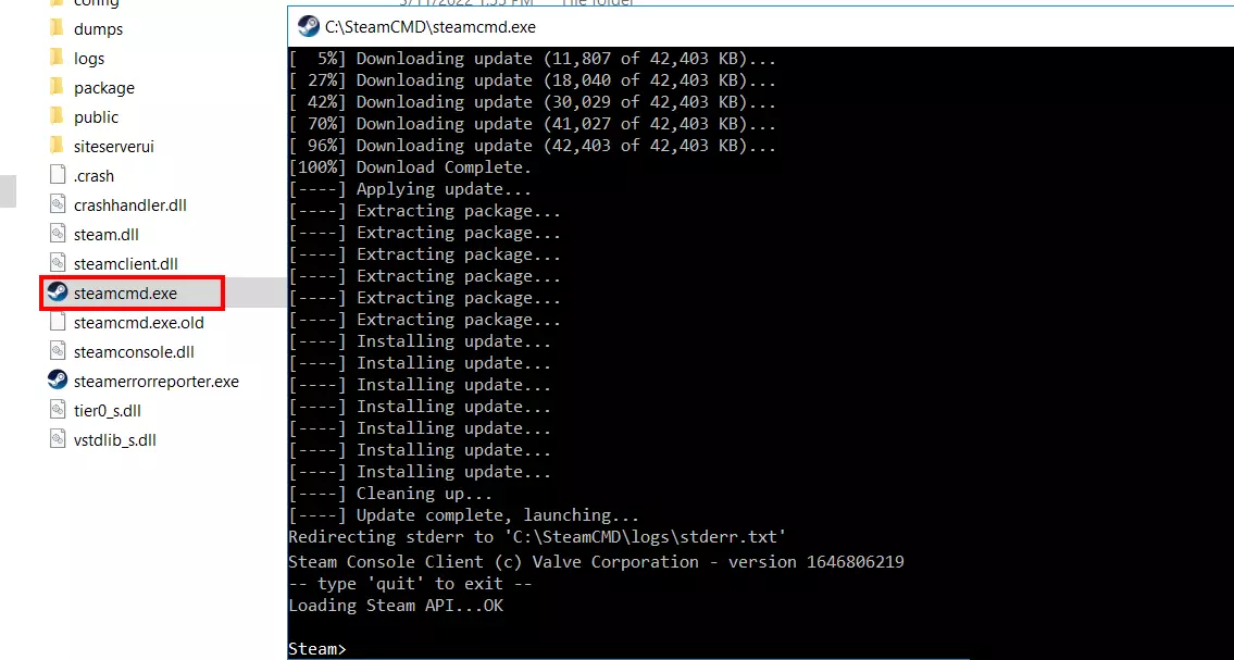 SteamCMD installation using the Windows command prompt