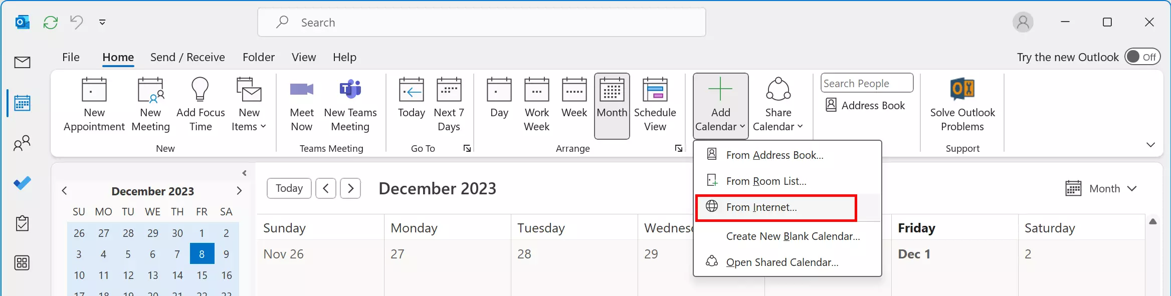 Outlook: Add a calendar from the internet