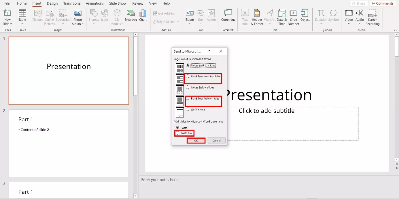 Sending PowerPoint to Microsoft Word: options