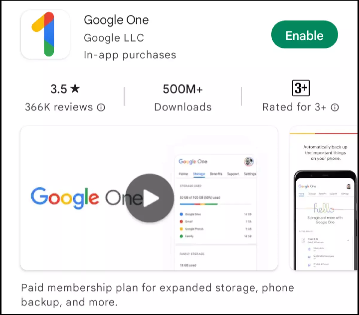 The Google One App in the Google Play Store