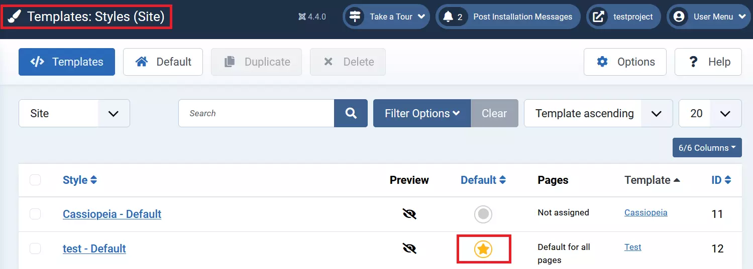 Templates > Templates: Styles (Site) menu in the Joomla backend