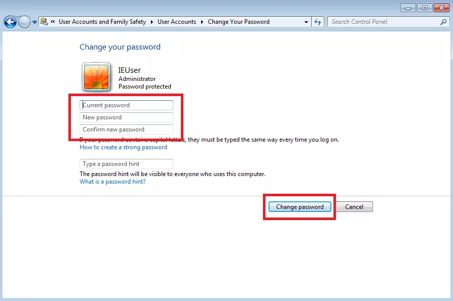 Windows 7 user account settings: Create password