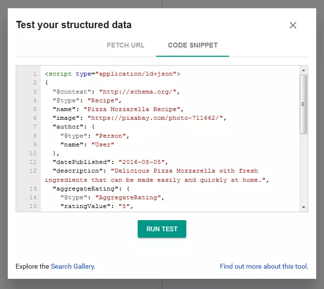 Google Structured Data Testing Tool for a mozzarella pizza recipe