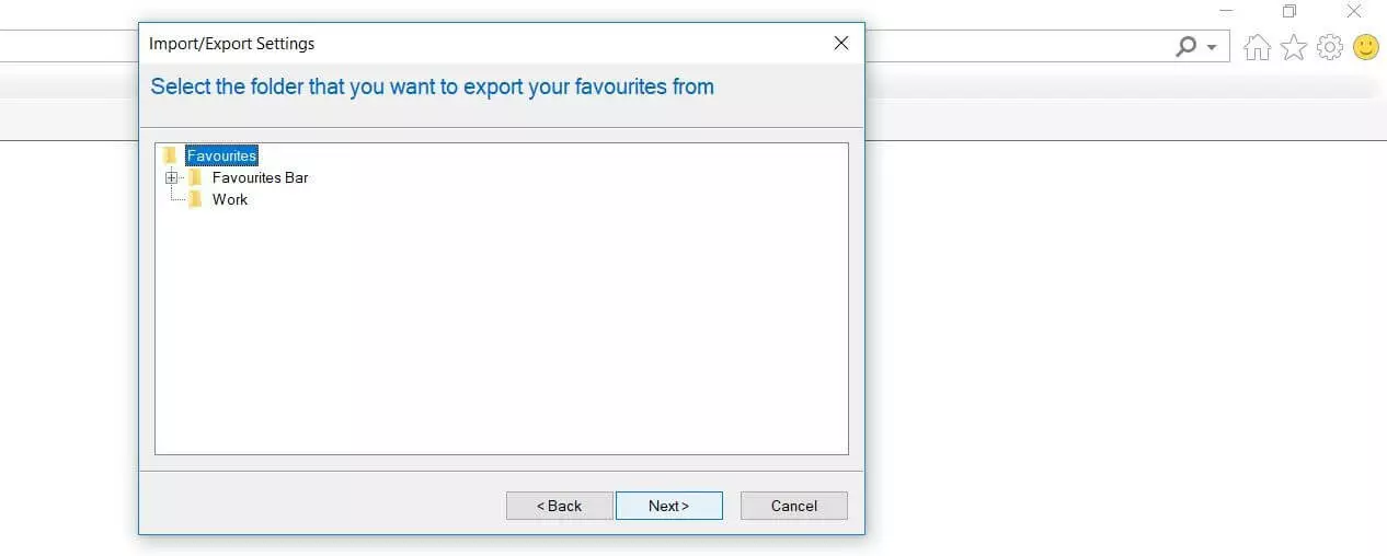 Exporting Internet Explorer bookmarks: Folder selection