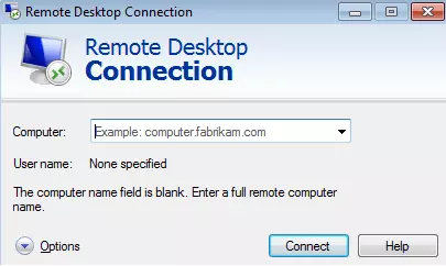 Entry window for remote desktop connection