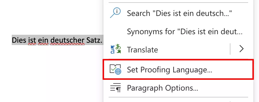 “Set Proofing Language” option in Word Online