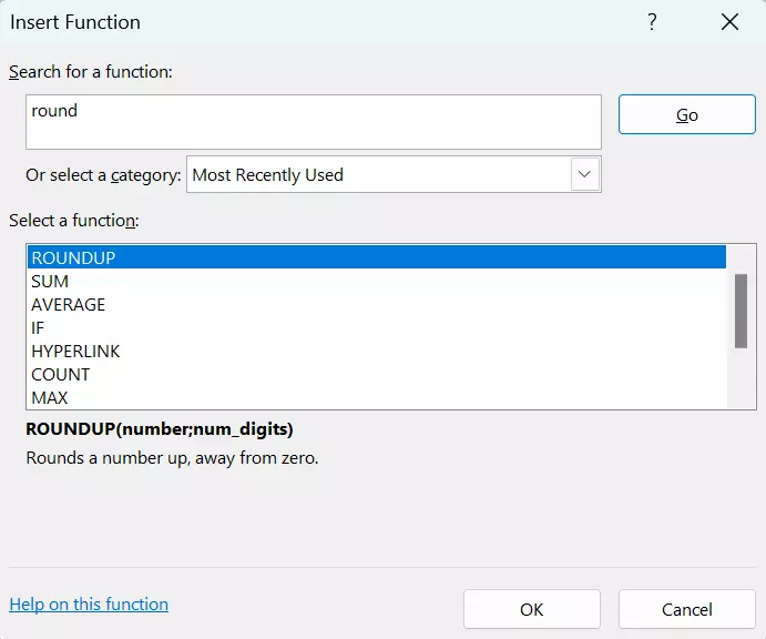 Excel: ROUNDUP function in the Insert Function section