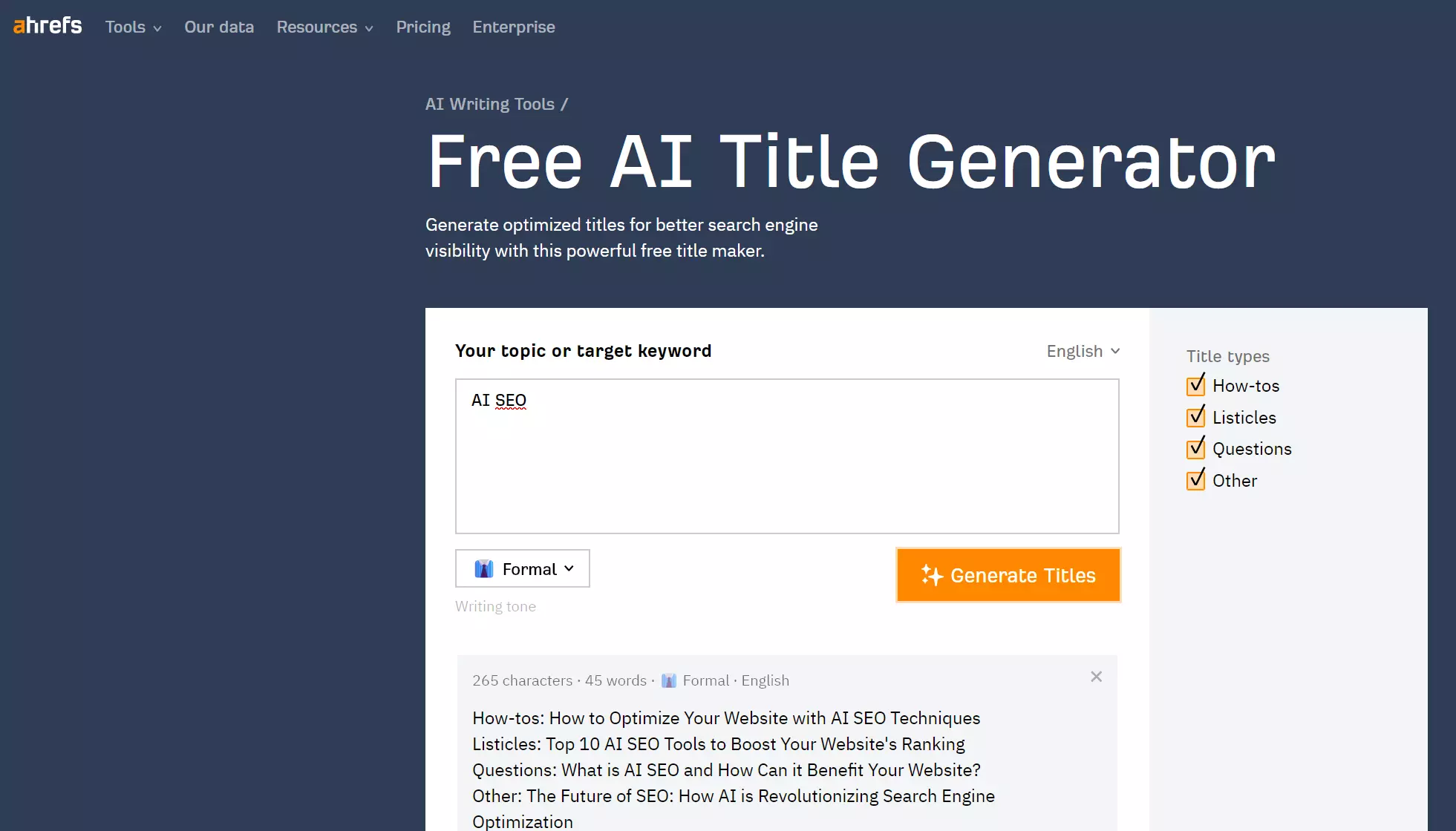 Free AI title generator from Ahrefs