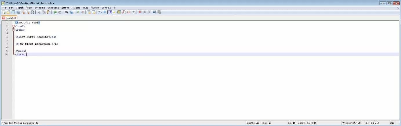 Example HTML document in Notepad++