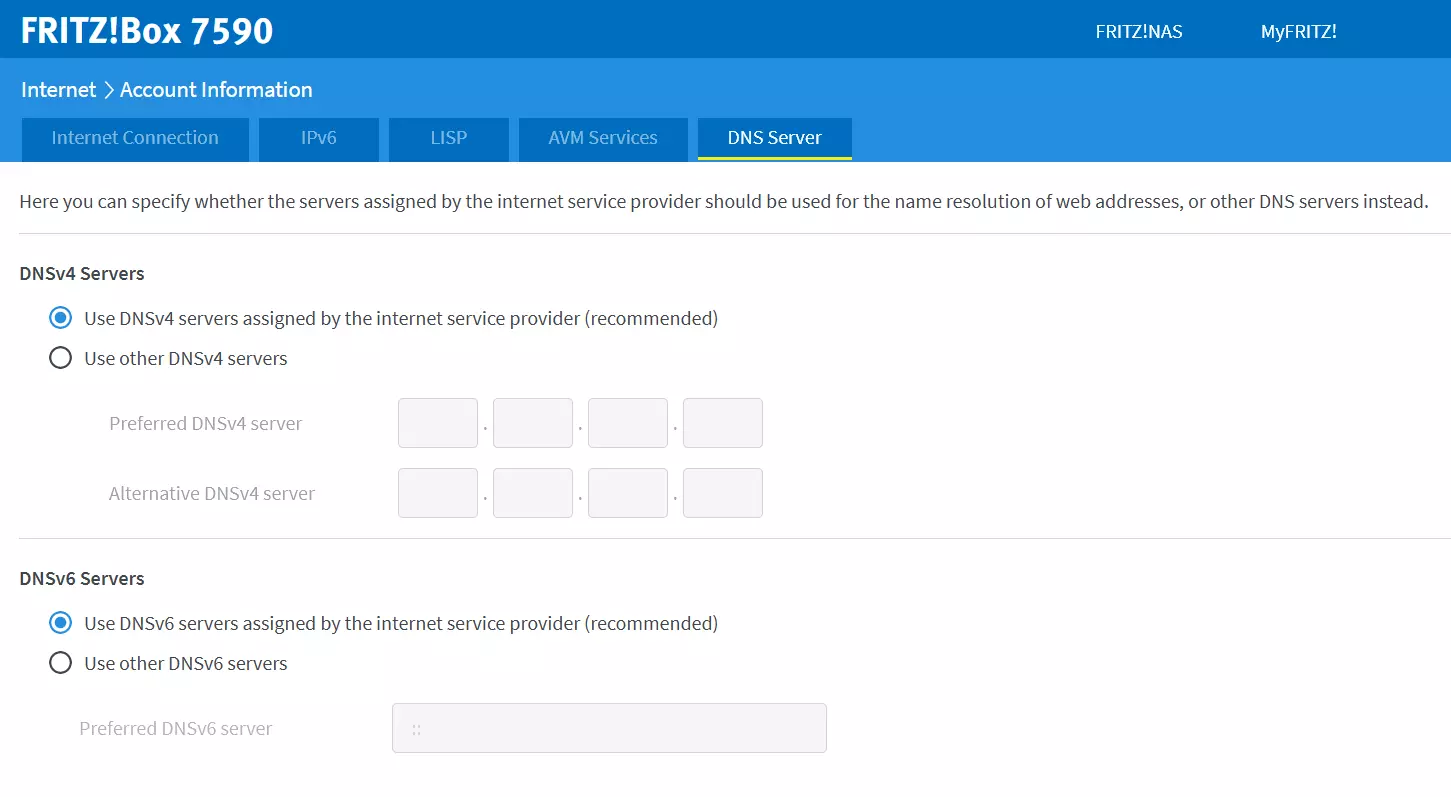 Settings for setting DNS servers in router Fritz!Box 7590