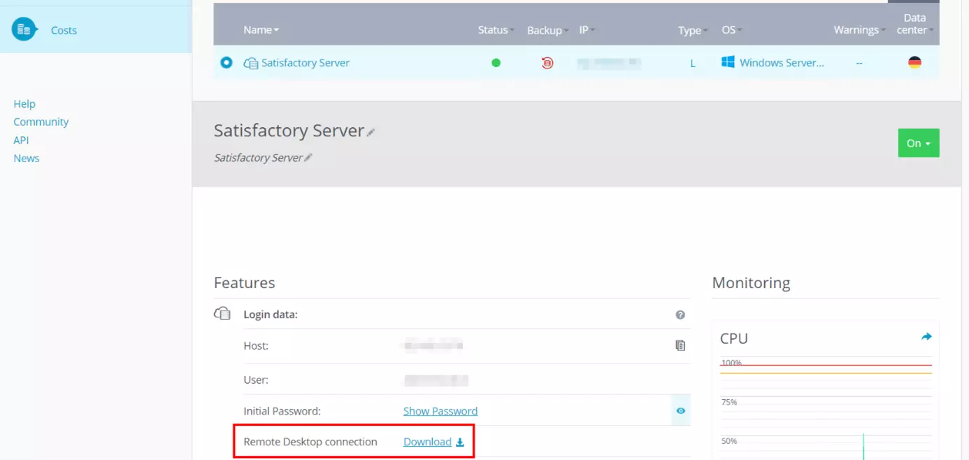 IONOS Cloud Panel: Server access data at a glance