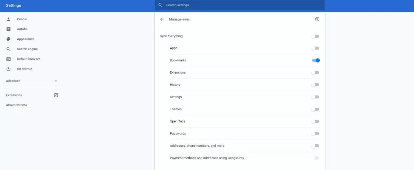 Google Chrome: Manage sync