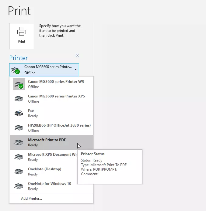 Outlook printer options