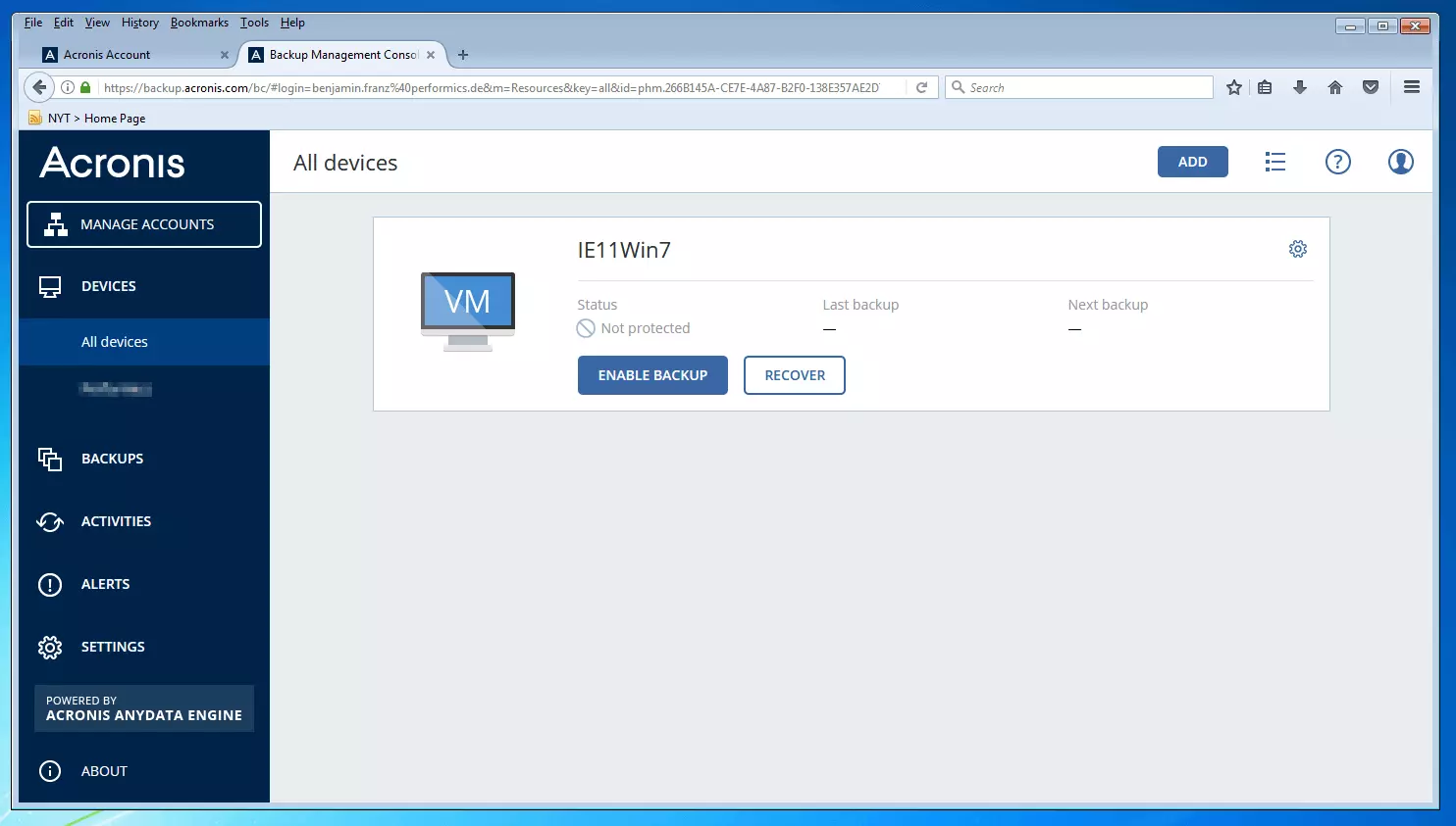 The backup management console from Acronis Backup 12.5: device management