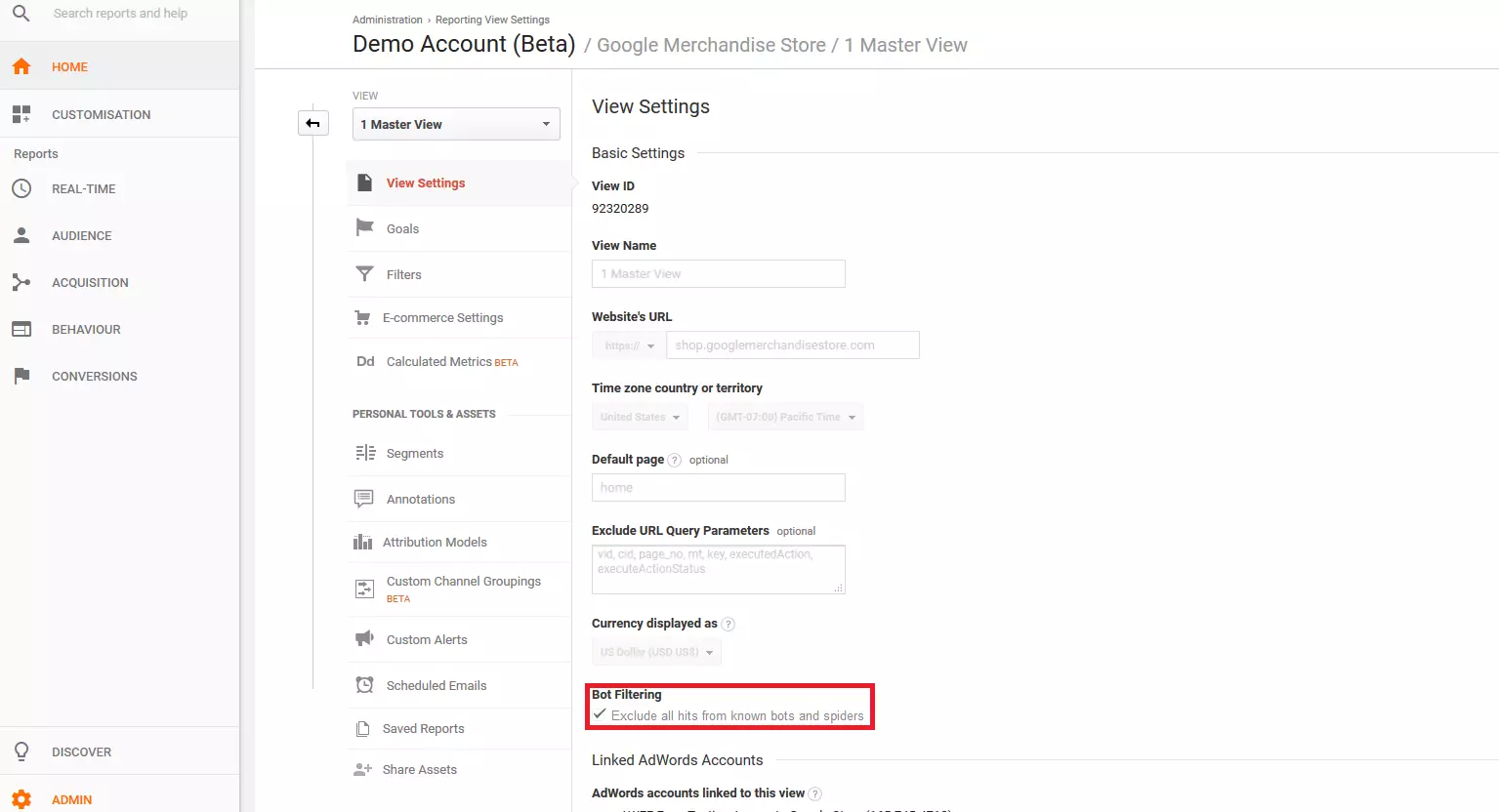 Google Analytics Demo Account: View Settings