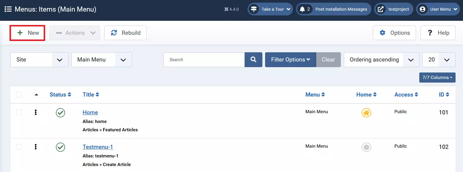 In the Joomla backend, you can create menu items in just a few clicks.