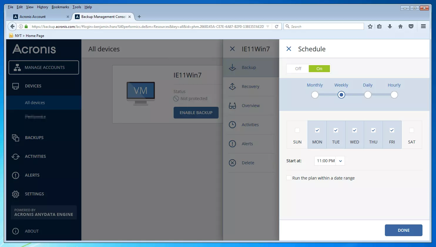 The backup management console of Acronis Backup 12.5: menu for the creation of backup schedules