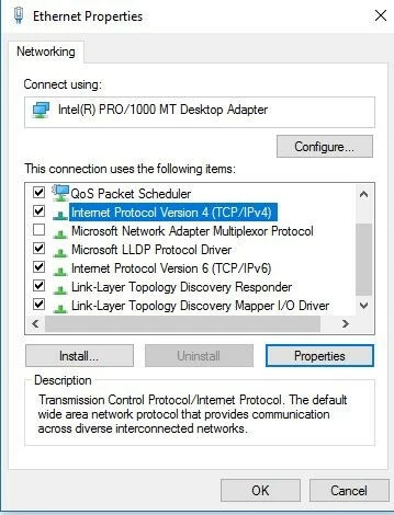 Ethernet properties on Windows 10