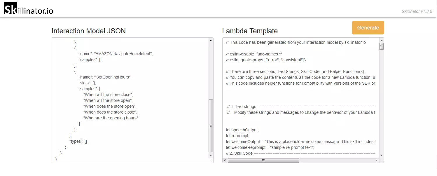 Skillinator.io: creating a Lambda template based on the interaction model