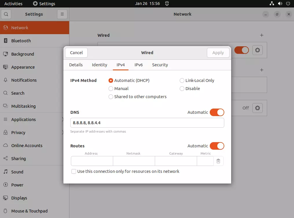 Network settings with input mask for DNS server on Ubuntu