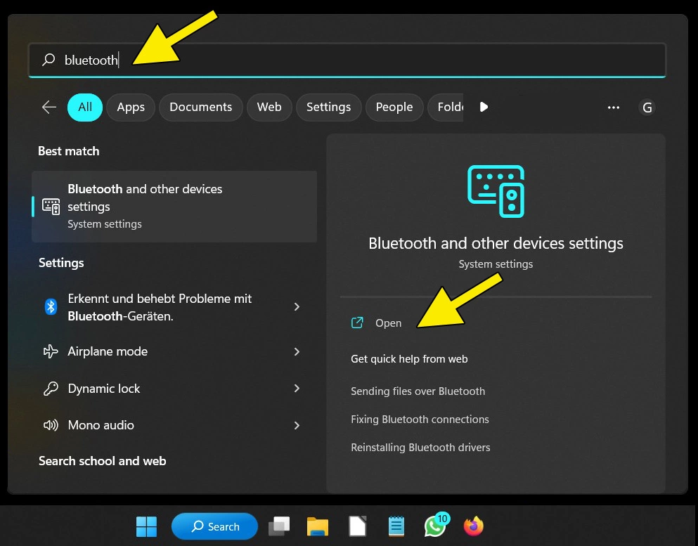 Windows 11 search bar: Enter “bluetooth” and search result “Bluetooth and other device settings”