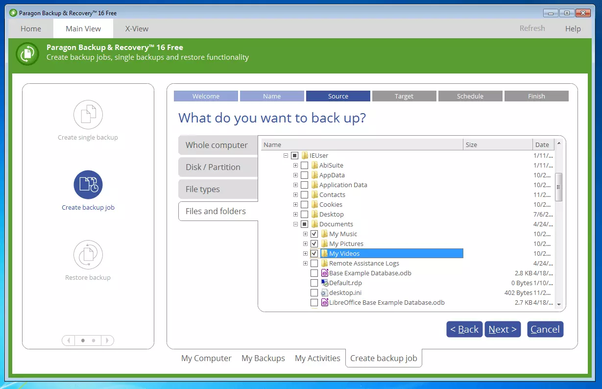 Paragon Backup & Recovery 16 Free: file selection for backup job