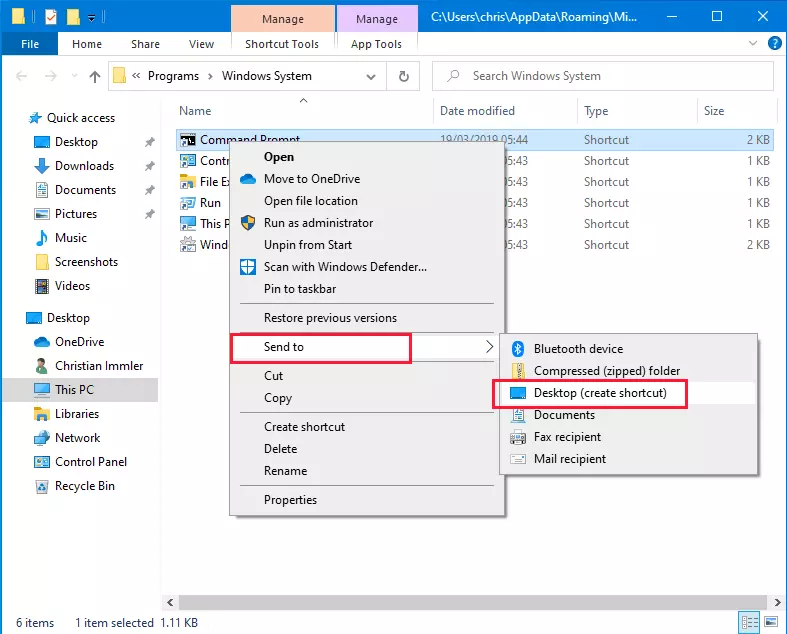 Command Prompt: creating a desktop shortcut