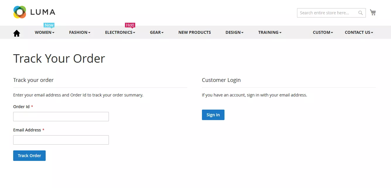 Screenshot of an online shop with the Magento module Order Tracking