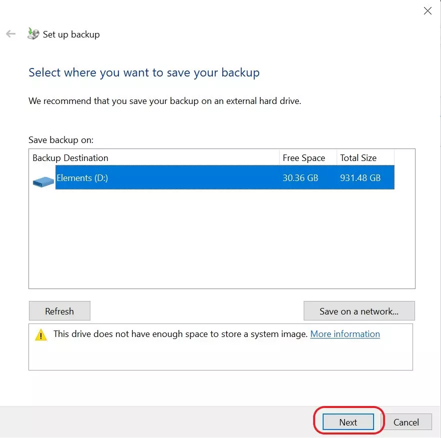 Selecting a location for the Windows 10 backup