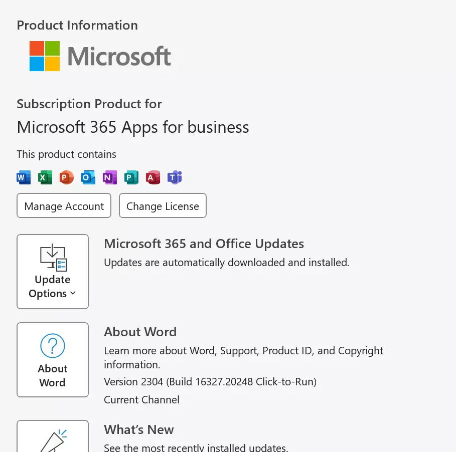 Microsoft Word 2016: Account page