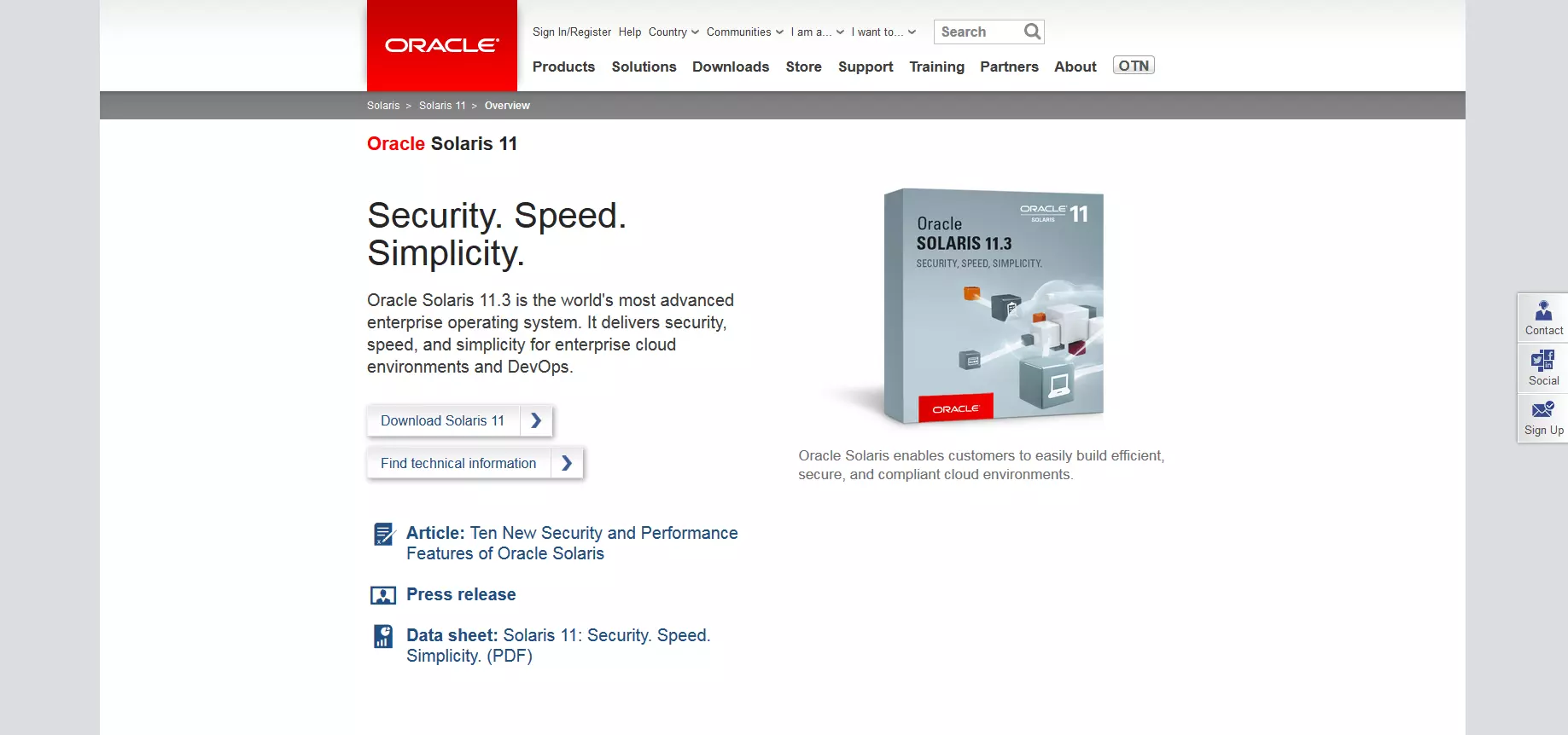 The product page of Oracle Solaris 11