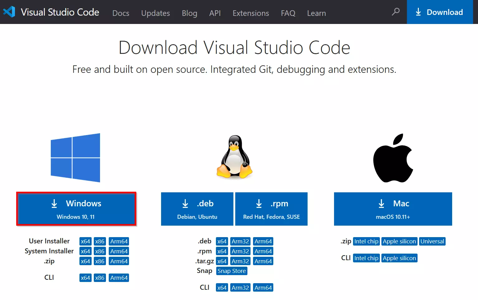 Web page for VS Code download