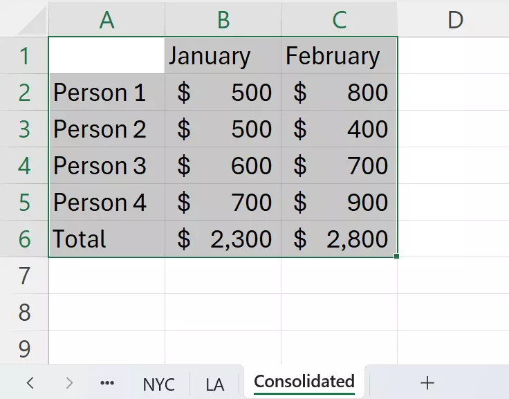 Screenshot of the merged data in a new worksheet