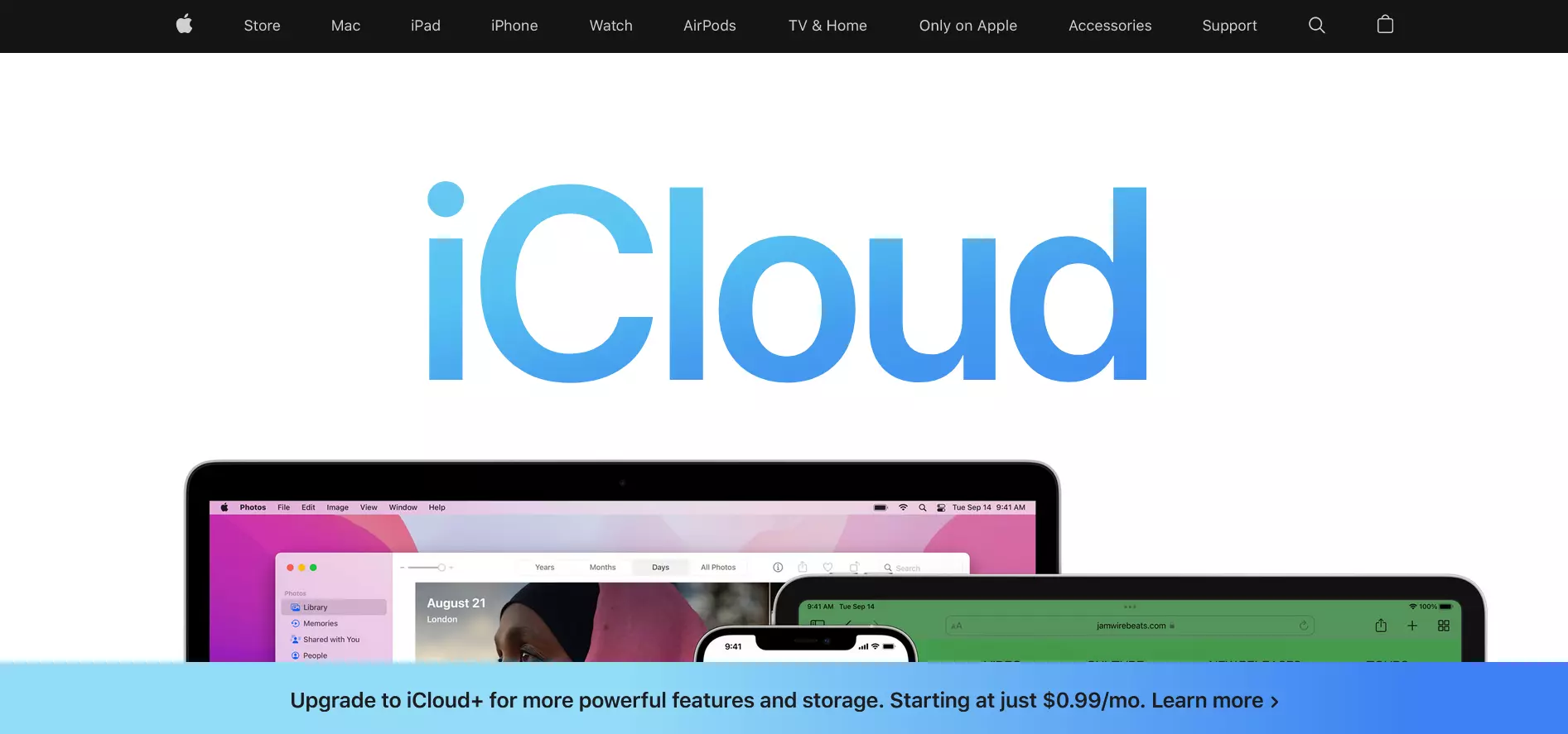 Screenshot of iCloud’s landing page