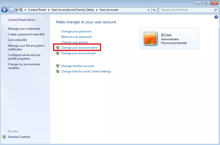 Windows 7: “User Accounts” menu