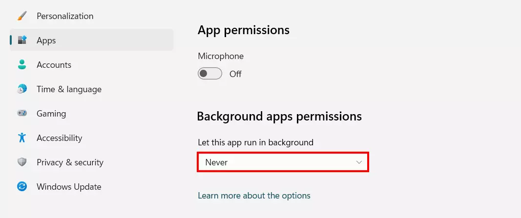 Windows 11: “Advanced settings” of an app with background permissions