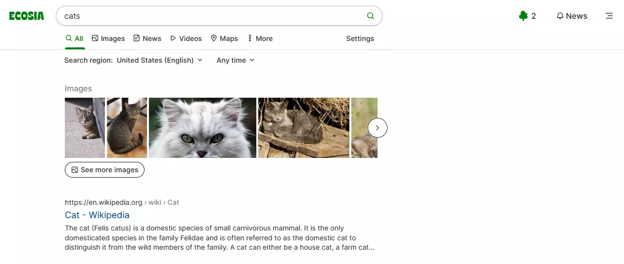 Ecosia search results for the term “cats”